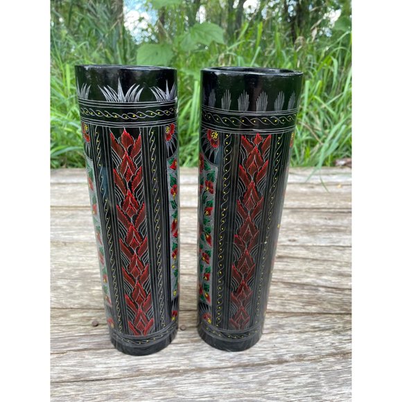 Vintage Pair Black Lacquer Wood Vases Red Etched Flowers 10" - Picture 8 of 16